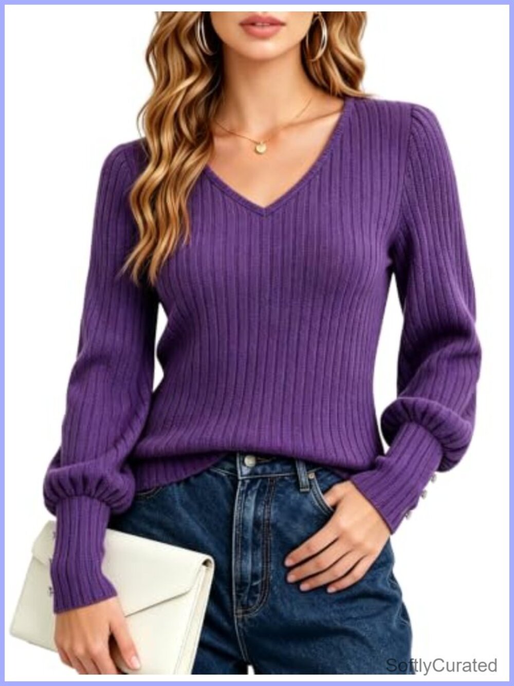 Ribbed Long Sleeve V-Neck Knit Sweater Puff Sleeve Pullover Top